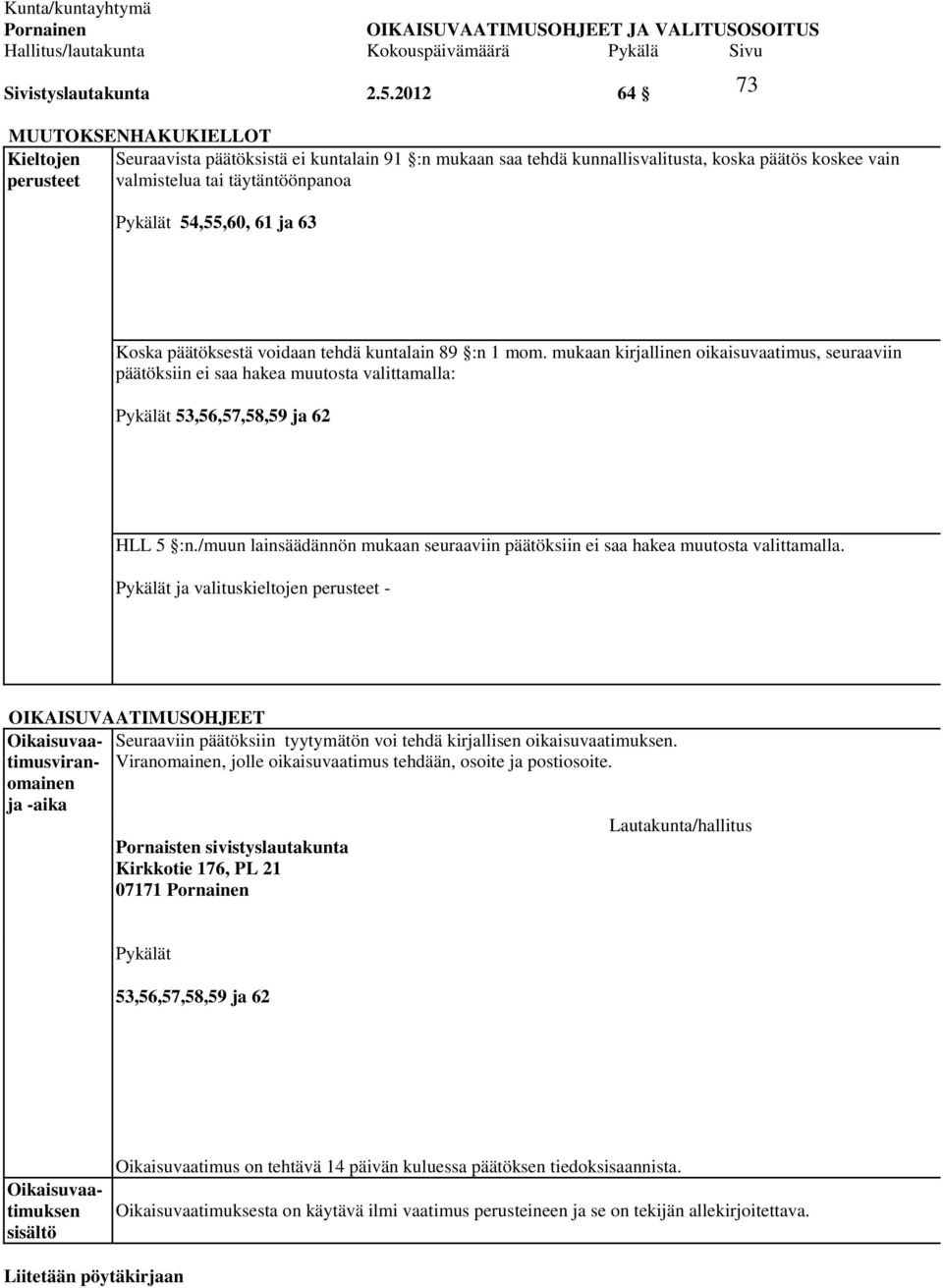 54,55,60, 61 ja 63 73 Koska päätöksestä voidaan tehdä kuntalain 89 :n 1 mom.