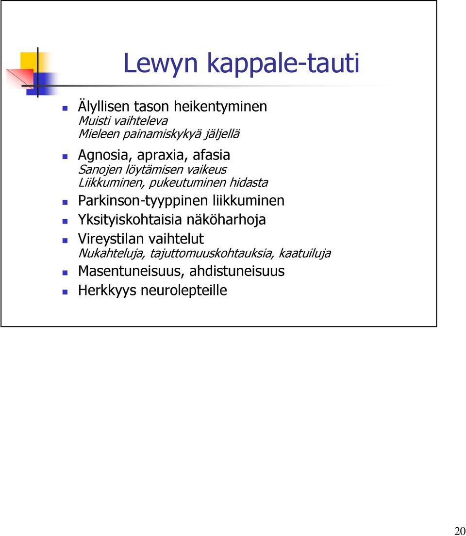 hidasta Parkinson-tyyppinen liikkuminen Yksityiskohtaisia näköharhoja Vireystilan vaihtelut