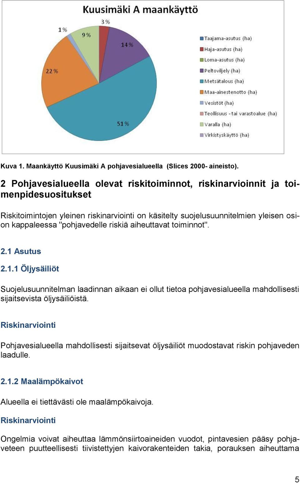 "pohjavedelle riskiä aiheuttavat toiminnot". 2.1 Asutus 2.1.1 Öljysäiliöt Suojelusuunnitelman laadinnan aikaan ei ollut tietoa pohjavesialueella mahdollisesti sijaitsevista öljysäiliöistä.