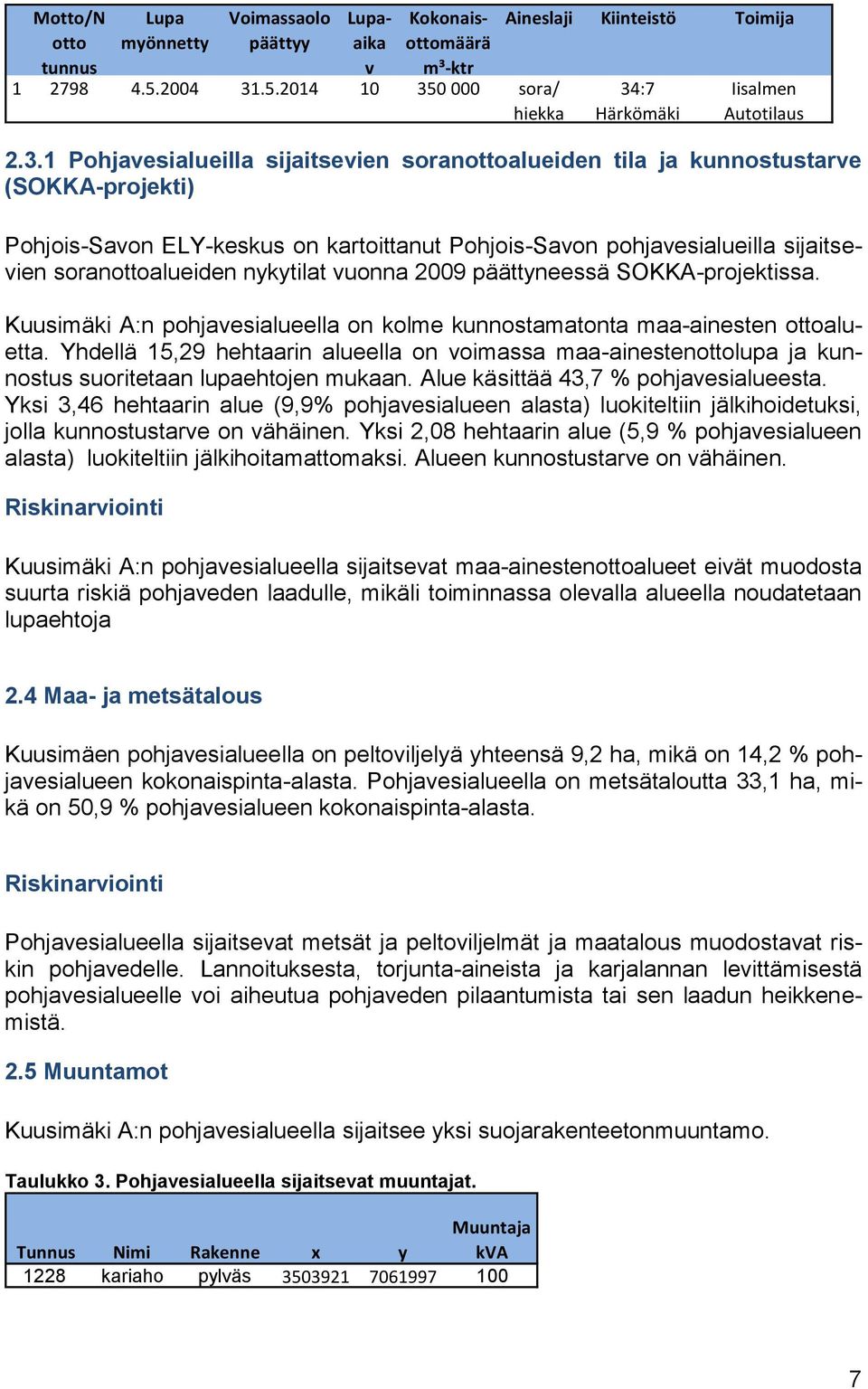 nykytilat vuonna 2009 päättyneessä SOKKA-projektissa. Kuusimäki A:n pohjavesialueella on kolme kunnostamatonta maa-ainesten ottoaluetta.