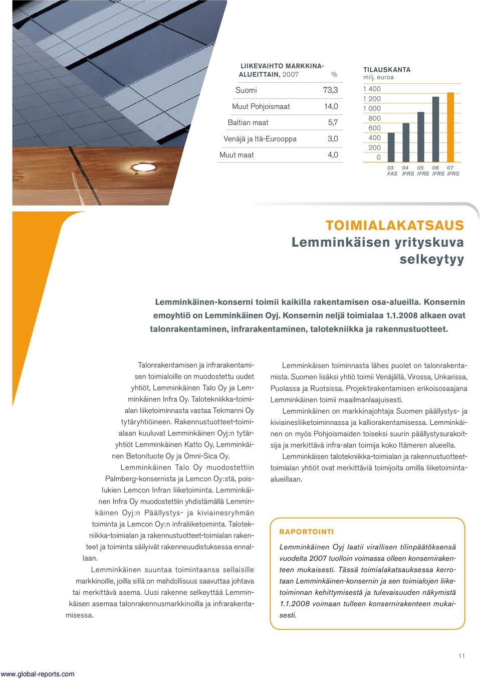 Konsernin emoyhtiö on Lemminkäinen Oyj. Konsernin neljä toimialaa 1.1.2008 alkaen ovat talonrakentaminen, infrarakentaminen, talotekniikka ja rakennustuotteet.