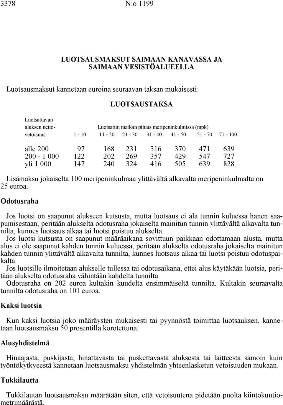 Lisämaksu jokaiselta 100 meripeninkulmaa ylittävältä alkavalta meripeninkulmalta on 25.