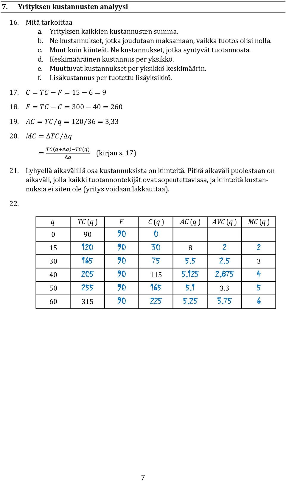 C = TC F = 15 6 = 9 18. F = TC C = 300 40 = 260 19. AC = TC q = 120 36 = 3,33 20. MC = ΔTC Δq MC = TC(q+Δq) TC(q) Δq (kirjan s. 17) 21. Lyhyellä aikavälillä osa kustannuksista on kiinteitä.