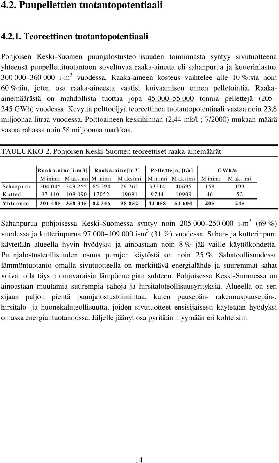 kutterinlastua 300 000 360 000 i-m 3 vuodessa. Raaka-aineen kosteus vaihtelee alle 10 %:sta noin 60 %:iin, joten osa raaka-aineesta vaatisi kuivaamisen ennen pelletöintiä.