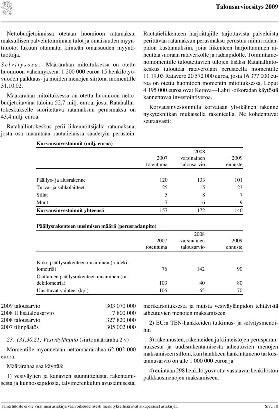 Määrärahan mitoituksessa on otettu huomioon nettobudjetoitavina tuloina 52,7 milj. euroa, josta Ratahallintokeskukselle suoritettava ratamaksun perusmaksu on 43,4 milj. euroa. Ratahallintokeskus perii liikennöitsijältä ratamaksua, josta osa määrätään rautatielaissa säädetyin perustein.