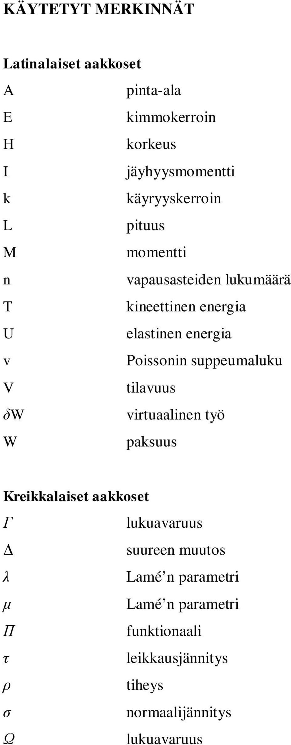 Possonn suppeumaluku V tlavuus δw vrtuaalnen työ W paksuus Krekkalaset aakkoset Г lukuavaruus Δ