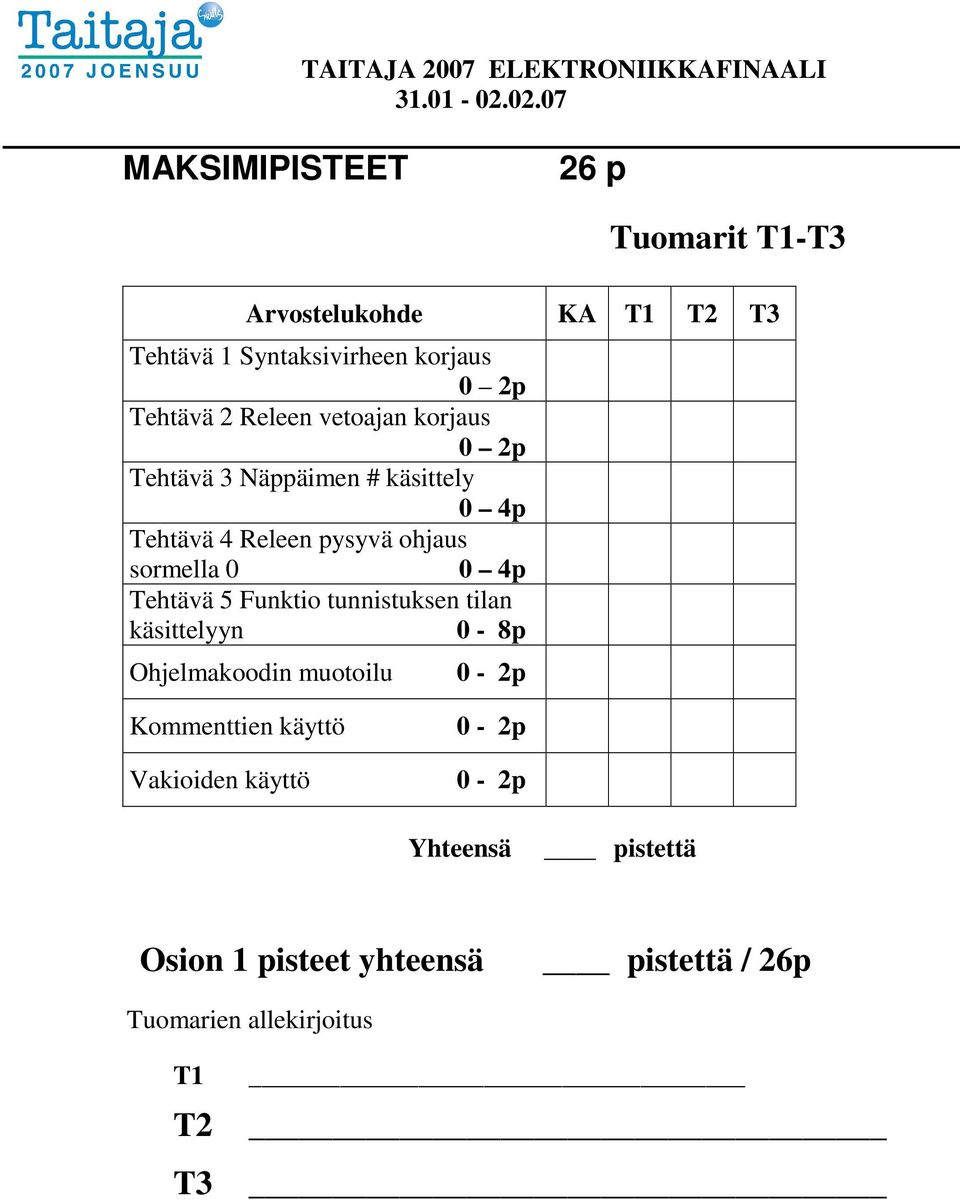 4p Tehtävä 5 Funktio tunnistuksen tilan käsittelyyn 0-8p Ohjelmakoodin muotoilu 0-2p Kommenttien käyttö