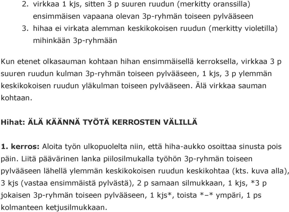 toiseen pylvääseen, 1 kjs, 3 p ylemmän keskikokoisen ruudun yläkulman toiseen pylvääseen. Älä virkkaa sauman kohtaan. Hihat: ÄLÄ KÄÄNNÄ TYÖTÄ KERROSTEN VÄLILLÄ 1.