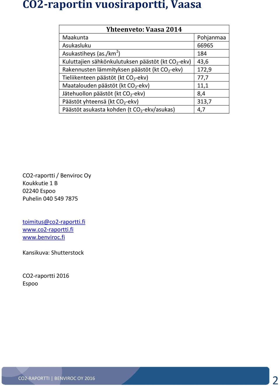 -ekv) 77,7 Maatalouden päästöt (kt CO 2 -ekv) 11,1 Jätehuollon päästöt (kt CO 2 -ekv) 8,4 Päästöt yhteensä (kt CO 2 -ekv) 313,7 Päästöt asukasta kohden (t