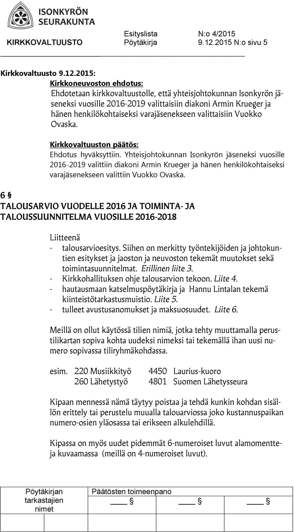 2015: Kirkkoneuvoston ehdotus: Ehdotetaan kirkkovaltuustolle, että yhteisjohtokunnan Isonkyrön jäseneksi vuosille 2016-2019 valittaisiin diakoni Armin Krueger ja hänen henkilökohtaiseksi