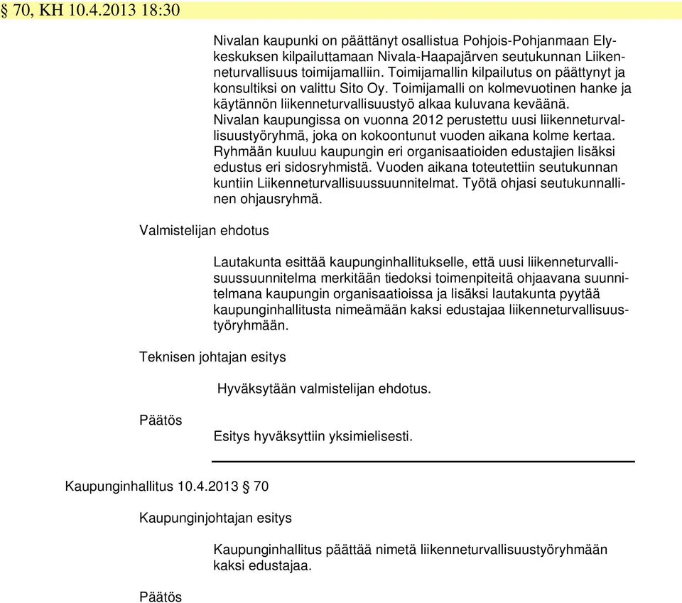 Toimijamallin kilpailutus on päättynyt ja konsultiksi on valittu Sito Oy. Toimijamalli on kolmevuotinen hanke ja käytännön liikenneturvallisuustyö alkaa kuluvana keväänä.