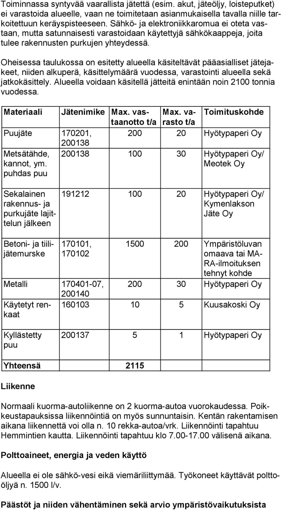 Oheisessa taulukossa on esitetty alueella käsiteltävät pääasialliset jä te jakeet, niiden alkuperä, käsittelymäärä vuodessa, varastointi alueella se kä jatkokäsittely.
