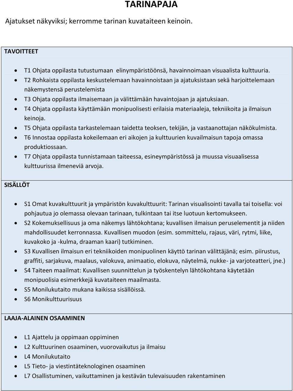 T4 Ohjata oppilasta käyttämään monipuolisesti erilaisia materiaaleja, tekniikoita ja ilmaisun keinoja. T5 Ohjata oppilasta tarkastelemaan taidetta teoksen, tekijän, ja vastaanottajan näkökulmista.