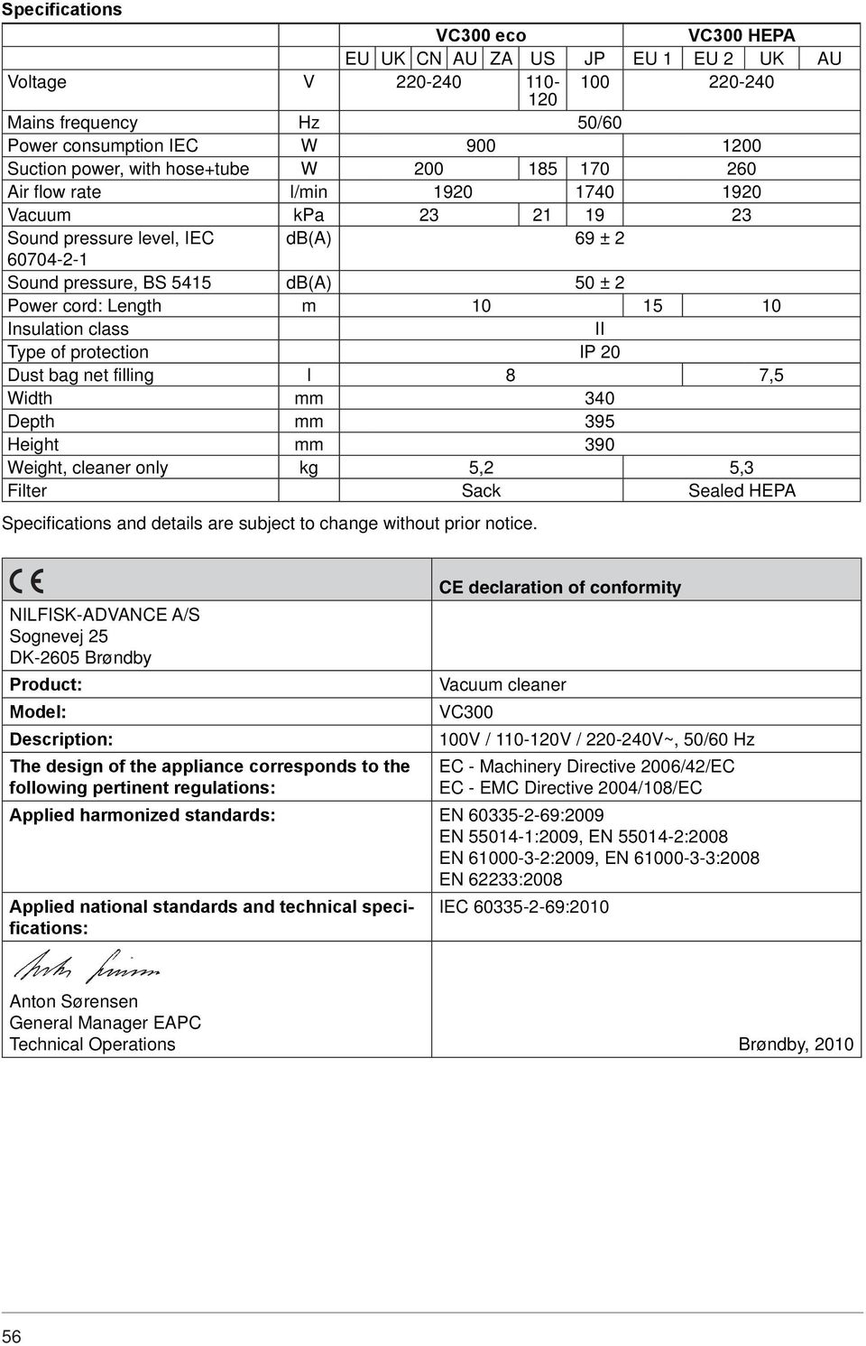 bag net filling l 8 7,5 Width mm 340 Depth mm 395 Height mm 390 Weight, cleaner only kg 5, 5,3 Filter Sack Sealed HEPA Specifications and details are subject to change without prior notice.