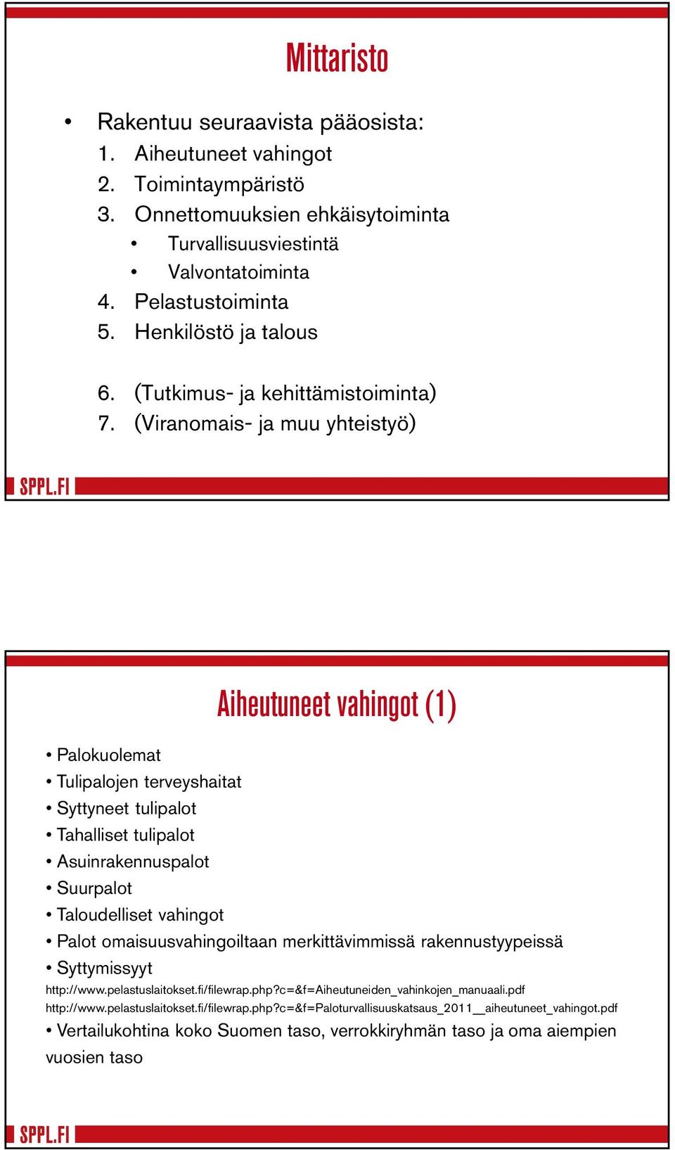 (Viranomais- ja muu yhteistyö) Aiheutuneet vahingot (1) Palokuolemat Tulipalojen terveyshaitat Syttyneet tulipalot Tahalliset tulipalot Asuinrakennuspalot Suurpalot Taloudelliset vahingot Palot