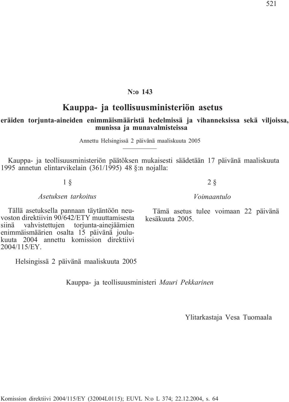 pannaan täytäntöön neuvoston direktiivin 90/642/ETY muuttamisesta siinä vahvistettujen torjunta-ainejäämien enimmäismäärien osalta 15 päivänä joulukuuta 2004 annettu komission direktiivi 2004/115/EY.