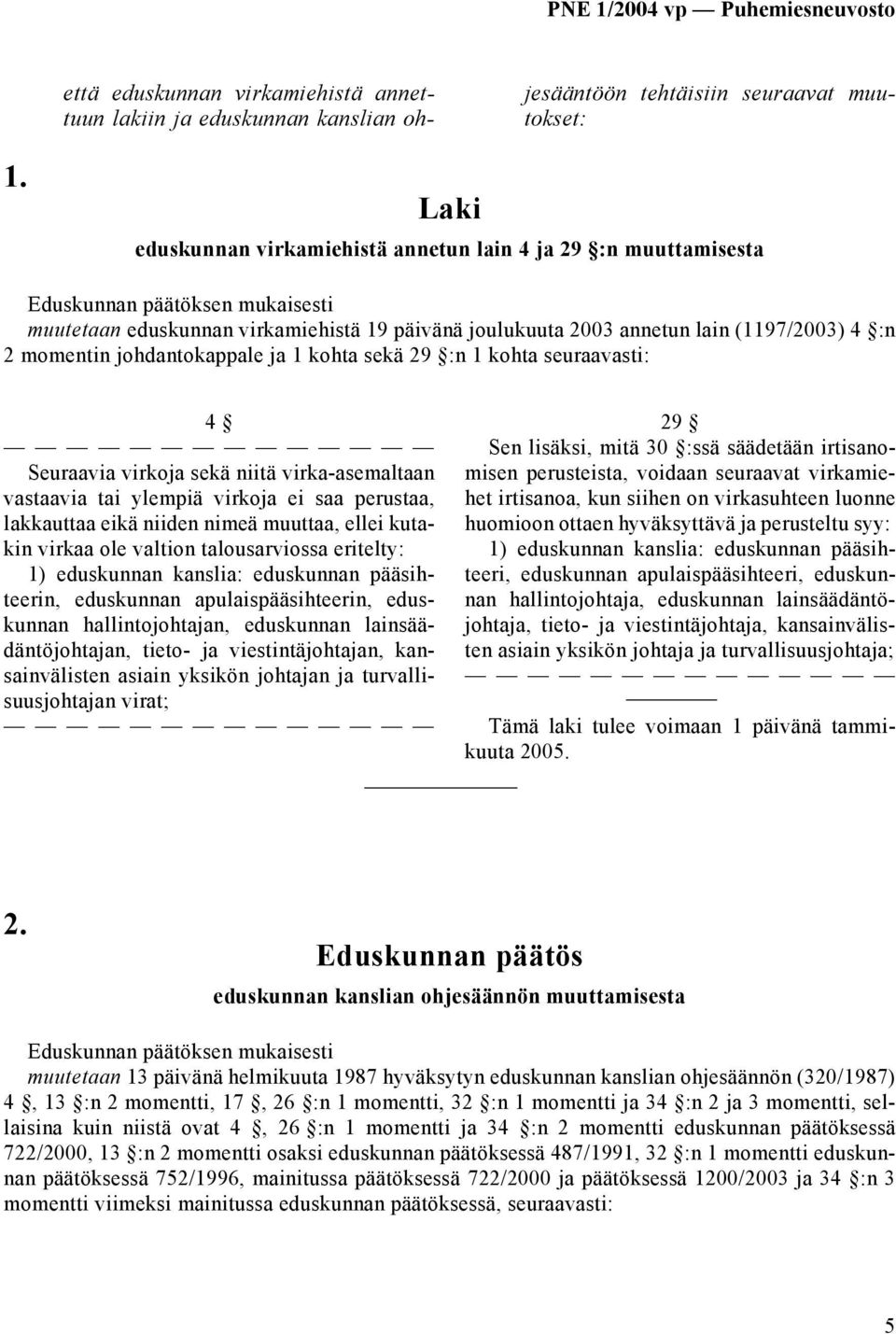 momentin johdantokappale ja 1 kohta sekä 29 :n 1 kohta seuraavasti: 4 Seuraavia virkoja sekä niitä virka-asemaltaan vastaavia tai ylempiä virkoja ei saa perustaa, lakkauttaa eikä niiden nimeä