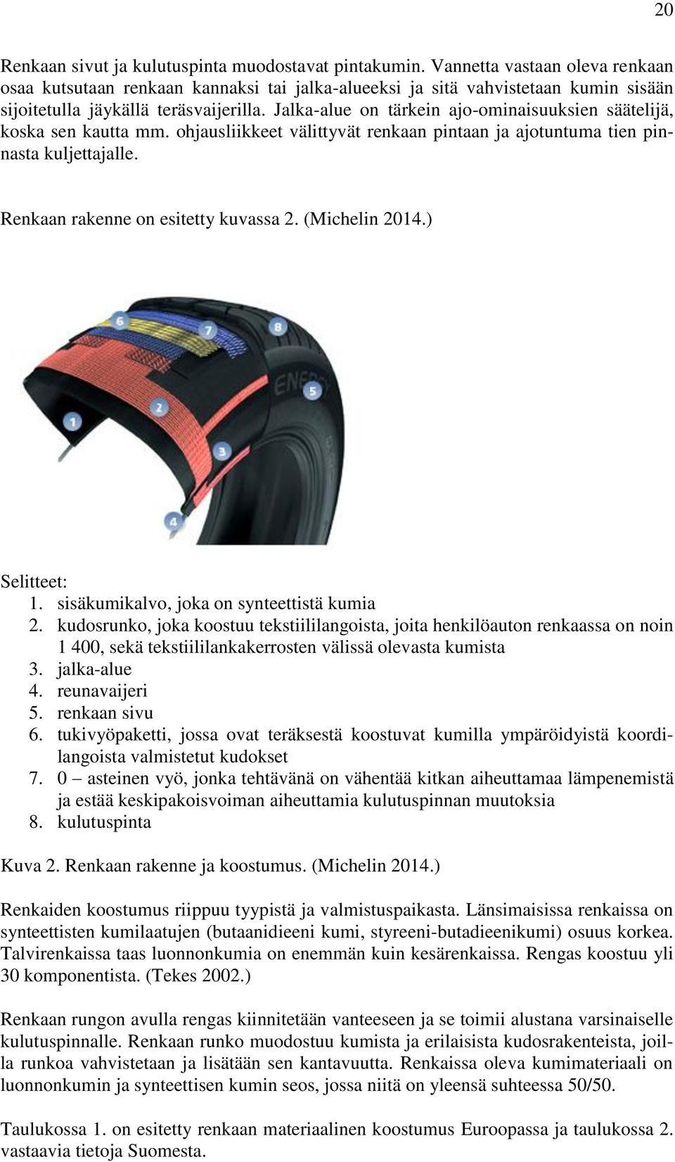 Jalka-alue on tärkein ajo-ominaisuuksien säätelijä, koska sen kautta mm. ohjausliikkeet välittyvät renkaan pintaan ja ajotuntuma tien pinnasta kuljettajalle. Renkaan rakenne on esitetty kuvassa 2.