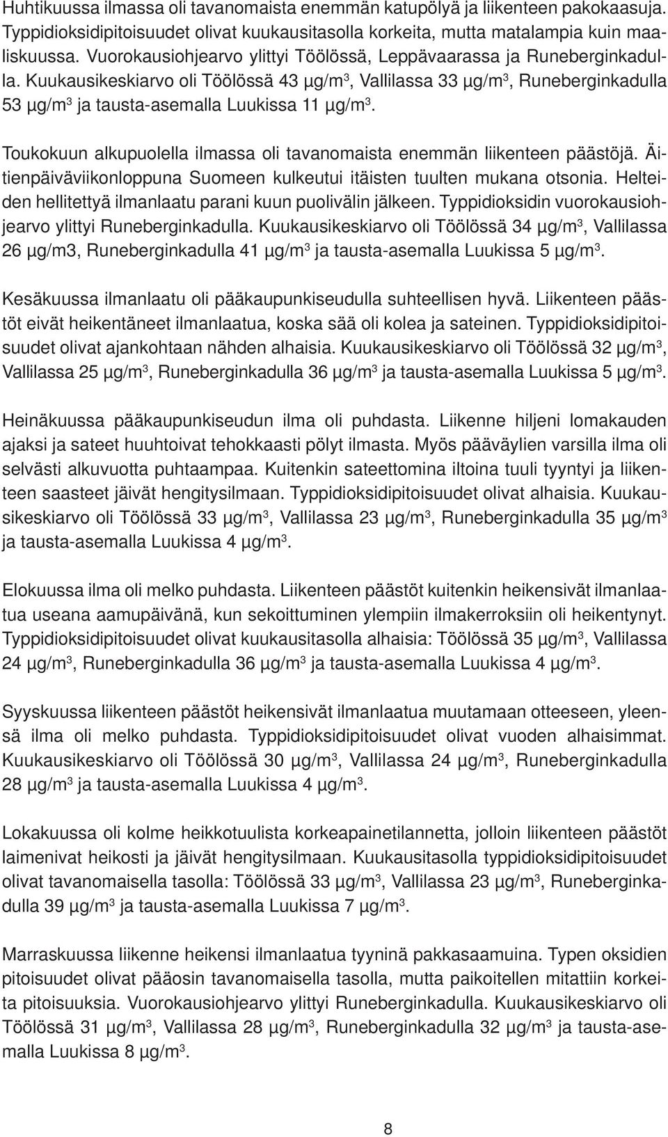 Kuukausikeskiarvo oli Töölössä 43 µg/m 3, Vallilassa 33 µg/m 3, Runeberginkadulla 53 µg/m 3 ja tausta-asemalla Luukissa 11 µg/m 3.