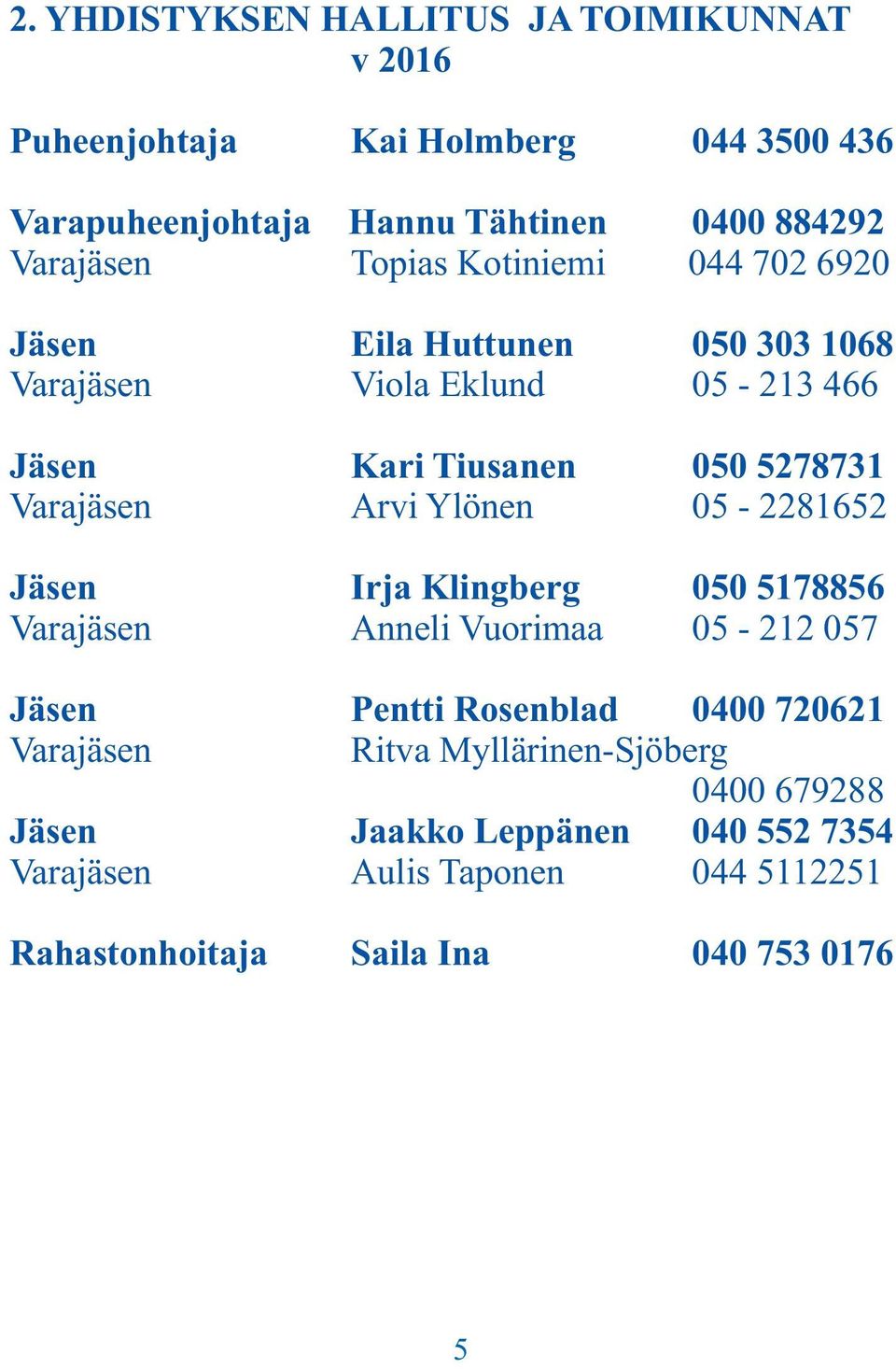 Arvi Ylönen 05-2281652 Jäsen Irja Klingberg 050 5178856 Varajäsen Anneli Vuorimaa 05-212 057 Jäsen Pentti Rosenblad 0400 720621 Varajäsen