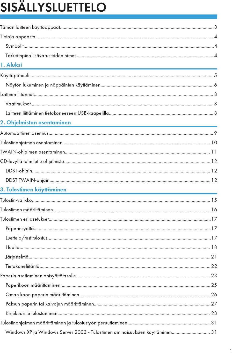 .. 10 TWAIN-ohjaimen asentaminen... 11 CD-levyllä toimitettu ohjelmisto... 12 DDST-ohjain... 12 DDST TWAIN-ohjain...12 3. Tulostimen käyttäminen Tulostin-valikko... 15 Tulostimen määrittäminen.