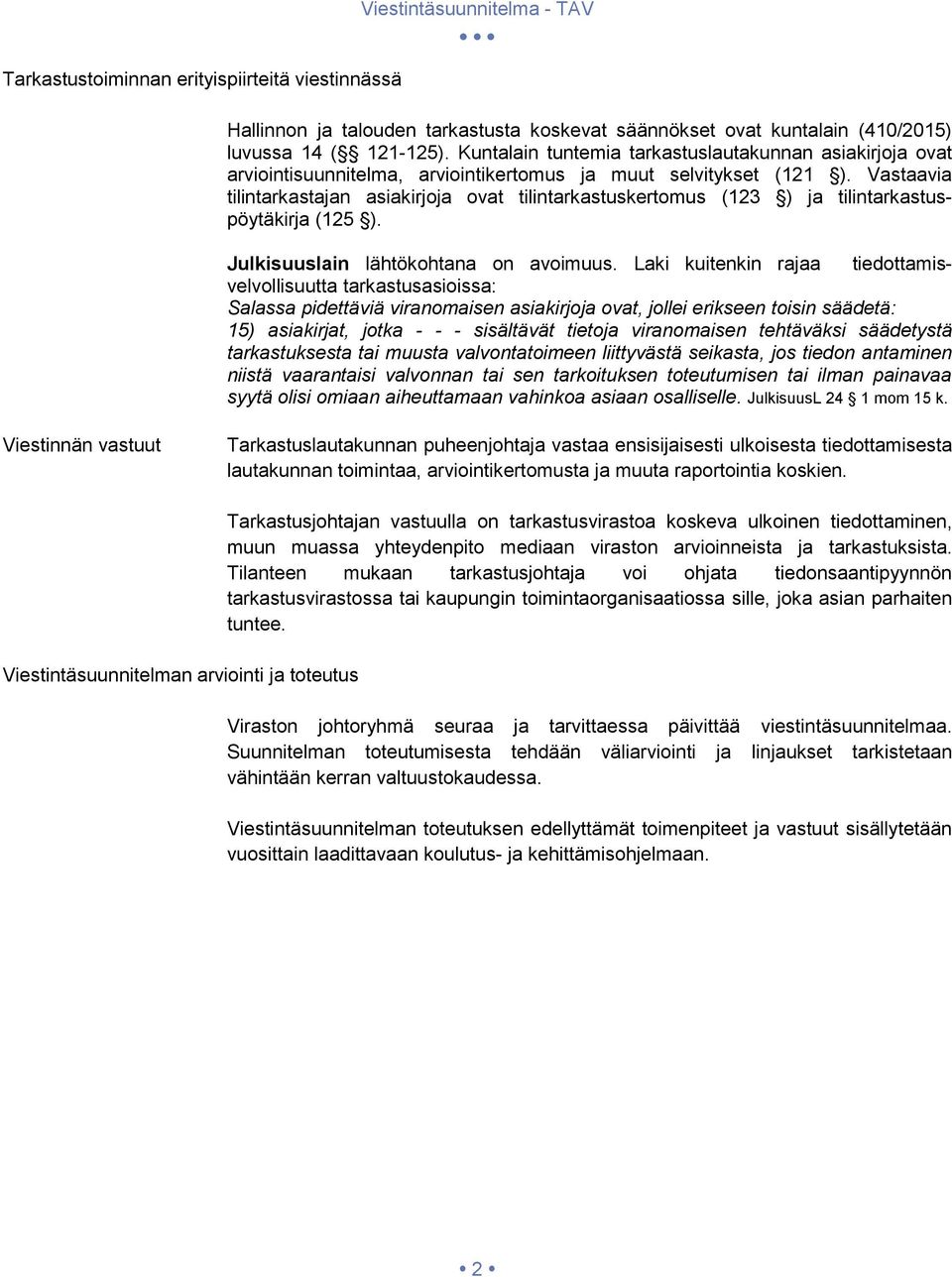 Vastaavia tilintarkastajan asiakirjoja ovat tilintarkastuskertomus (123 ) ja tilintarkastuspöytäkirja (125 ). Julkisuuslain lähtökohtana on avoimuus.