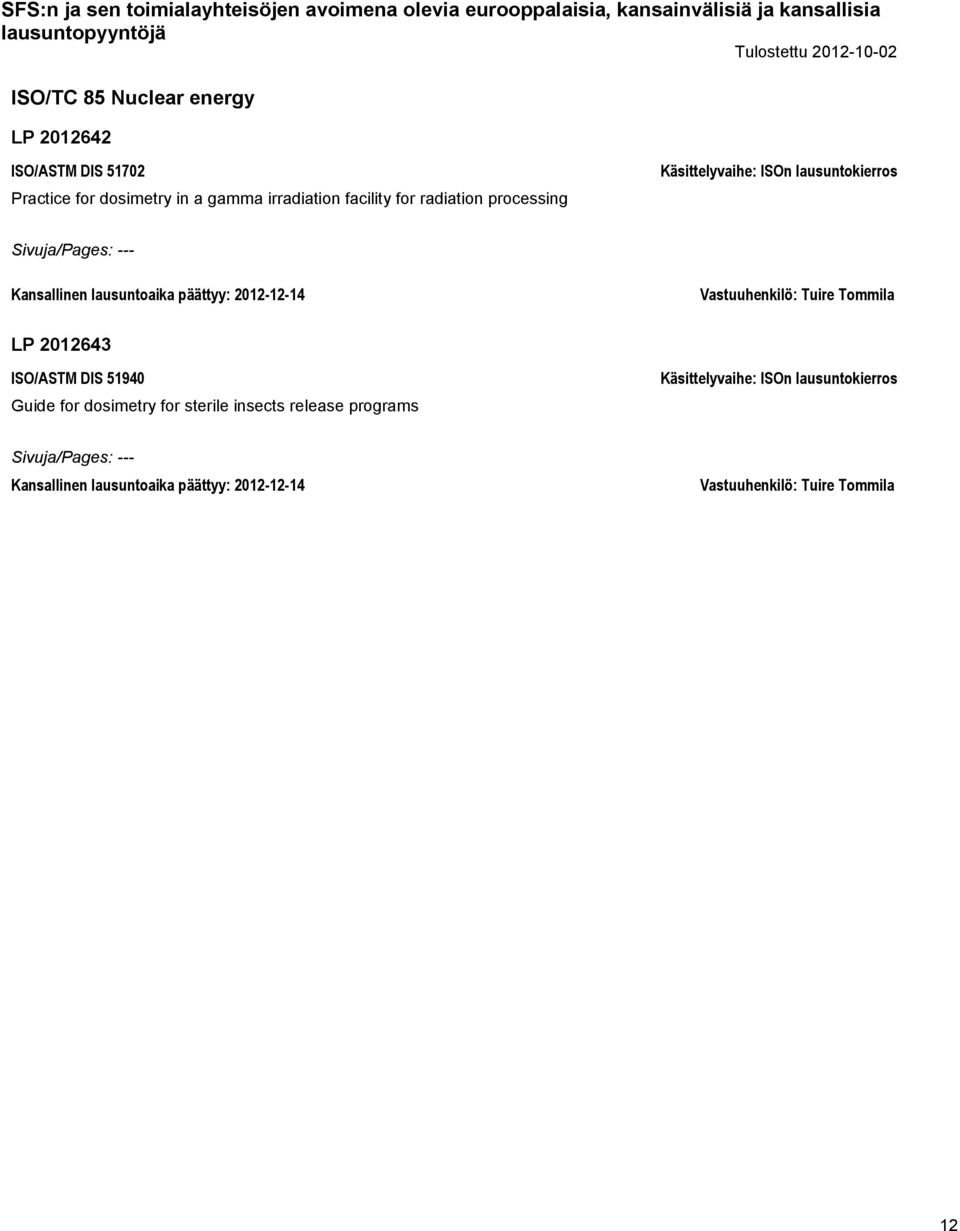 lausuntoaika päättyy: 2012-12-14 LP 2012643 ISO/ASTM DIS 51940 Guide for dosimetry for