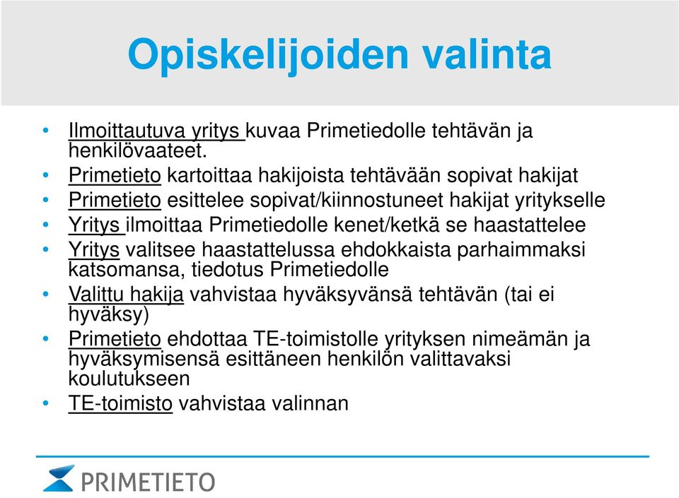 Primetiedolle kenet/ketkä se haastattelee Yritys valitsee haastattelussa ehdokkaista parhaimmaksi katsomansa, tiedotus Primetiedolle Valittu