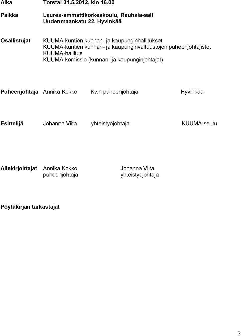 kaupunginhallitukset KUUMA-kuntien kunnan- ja kaupunginvaltuustojen puheenjohtajistot KUUMA-hallitus KUUMA-komissio (kunnan-