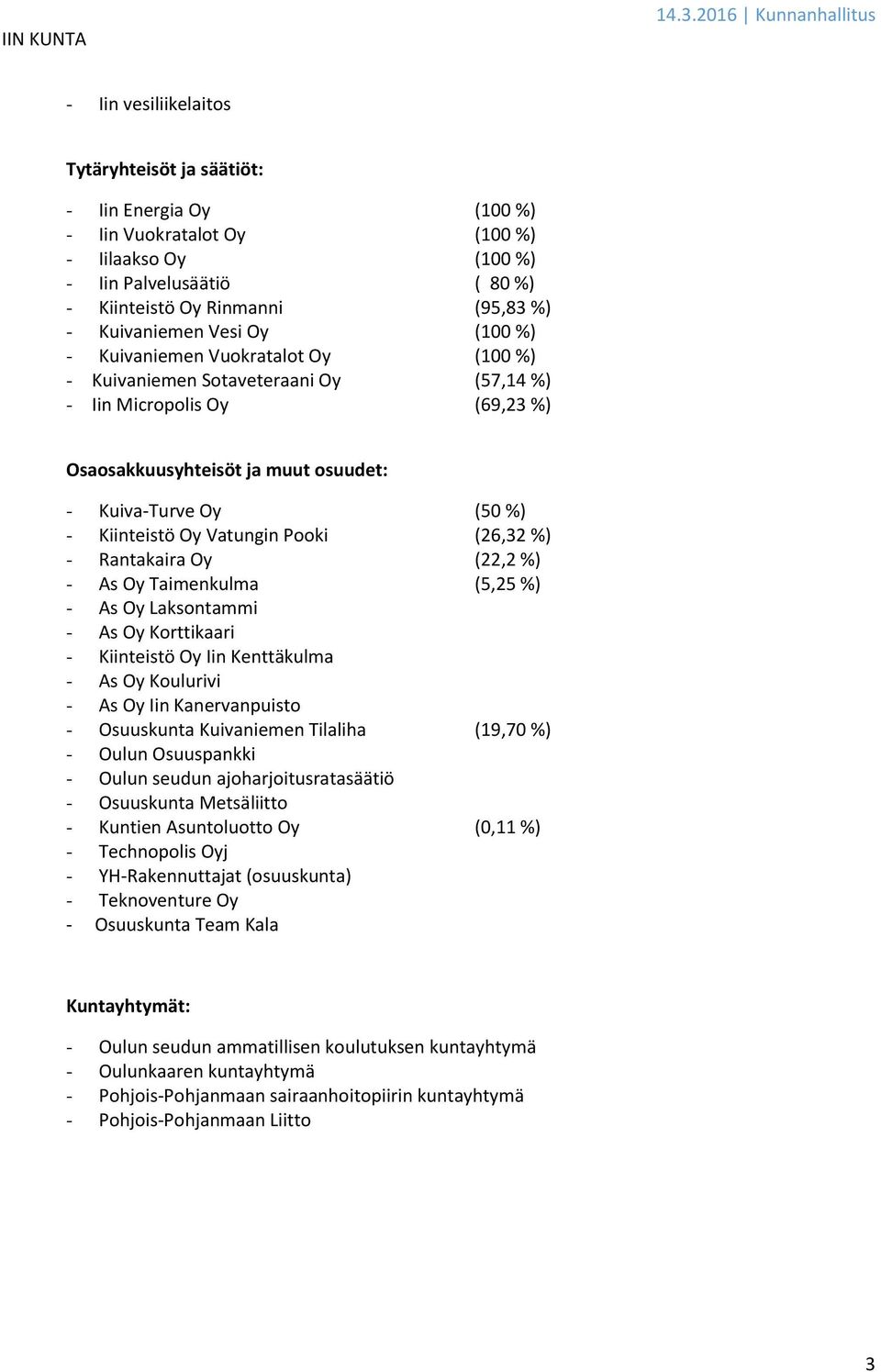 Kiinteistö Oy Vatungin Pooki (26,32 %) - Rantakaira Oy (22,2 %) - As Oy Taimenkulma (5,25 %) - As Oy Laksontammi - As Oy Korttikaari - Kiinteistö Oy Iin Kenttäkulma - As Oy Koulurivi - As Oy Iin