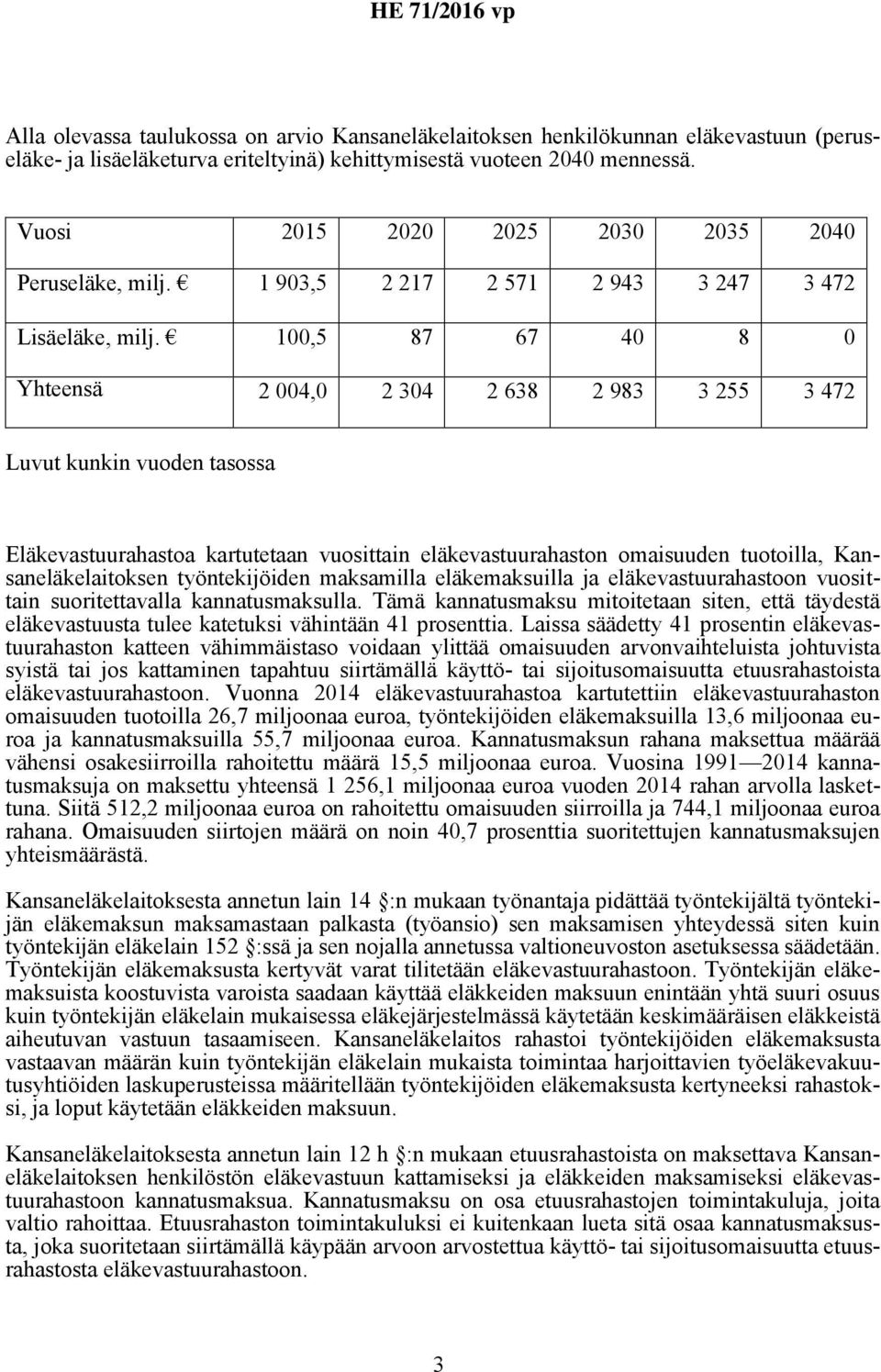 100,5 87 67 40 8 0 Yhteensä 2 004,0 2 304 2 638 2 983 3 255 3 472 Luvut kunkin vuoden tasossa Eläkevastuurahastoa kartutetaan vuosittain eläkevastuurahaston omaisuuden tuotoilla, Kansaneläkelaitoksen