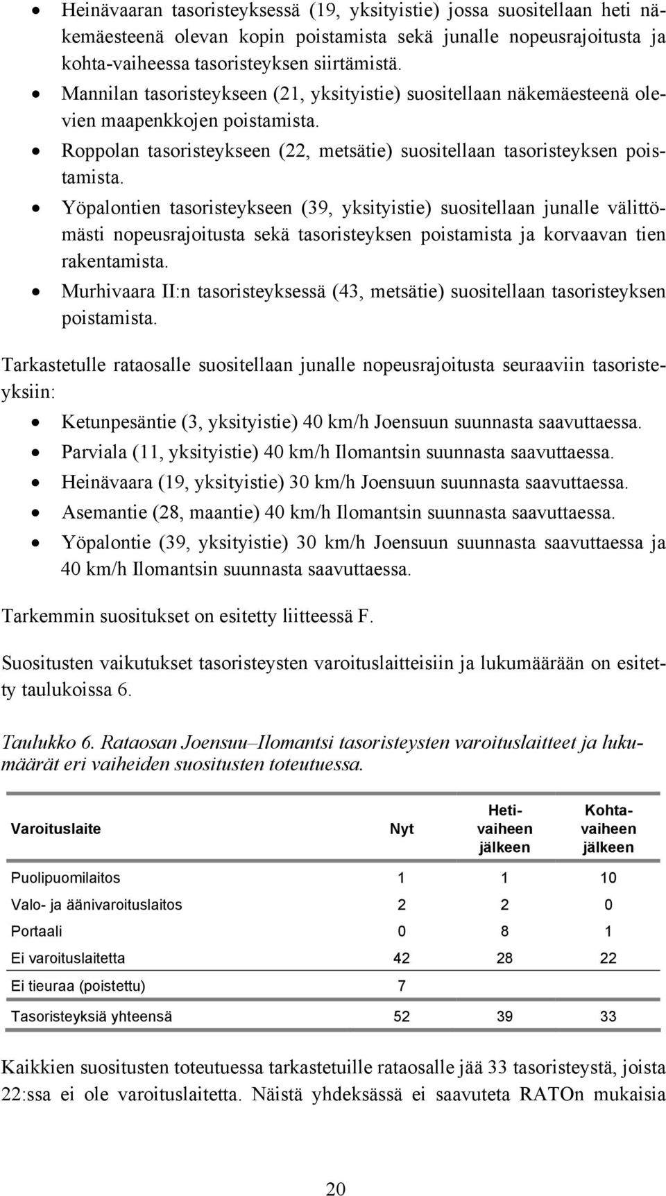 Yöpalontien tasoristeykseen (39, yksityistie) suositellaan junalle välittömästi nopeusrajoitusta sekä tasoristeyksen poistamista ja korvaavan tien rakentamista.