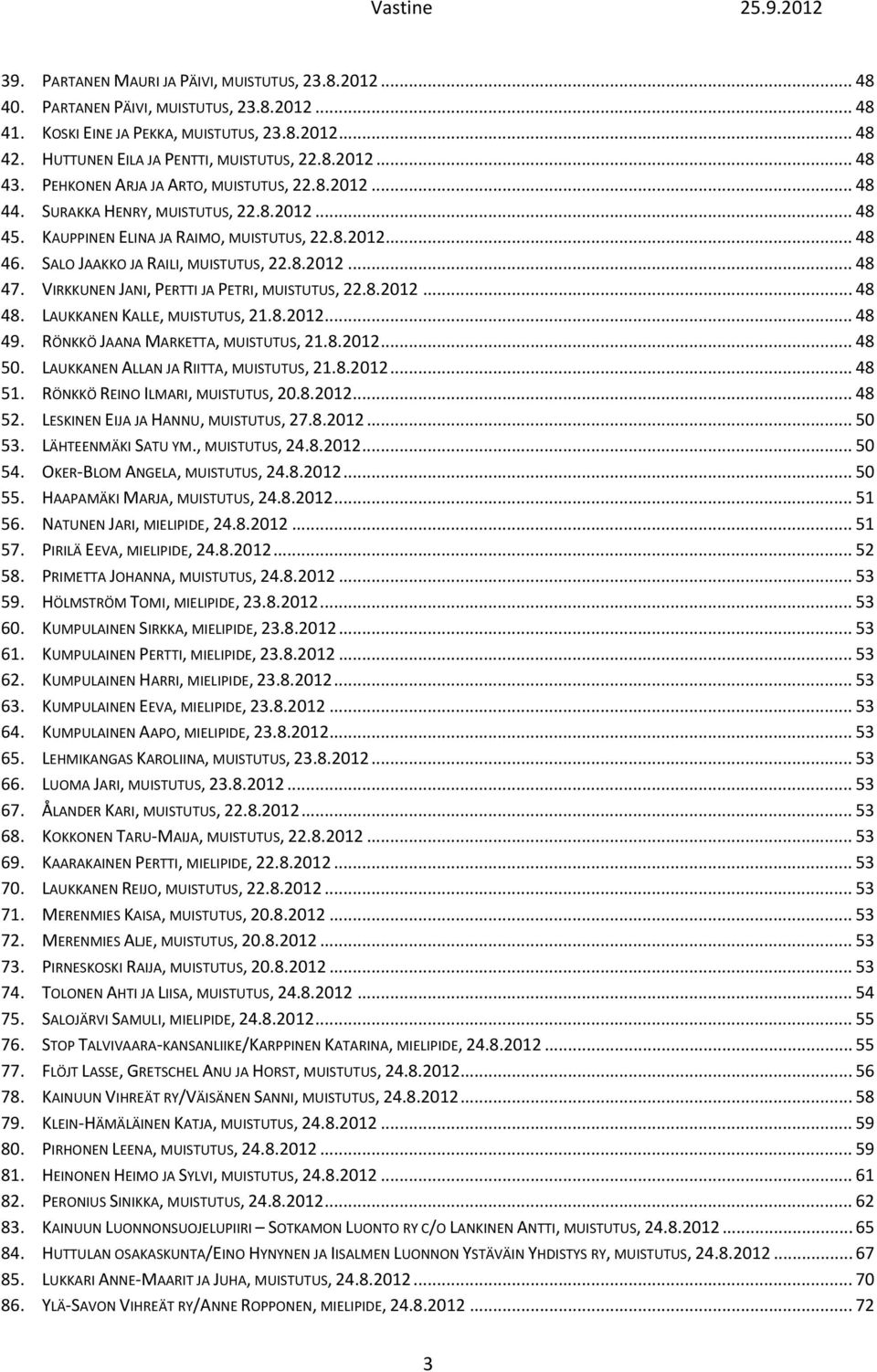 VIRKKUNEN JANI, PERTTI JA PETRI, MUISTUTUS, 22.8.2012... 48 48. LAUKKANEN KALLE, MUISTUTUS, 21.8.2012... 48 49. RÖNKKÖ JAANA MARKETTA, MUISTUTUS, 21.8.2012... 48 50.