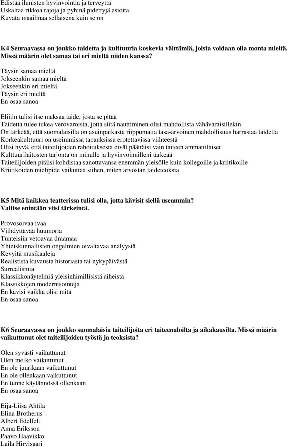 Täysin samaa mieltä Jokseenkin samaa mieltä Jokseenkin eri mieltä Täysin eri mieltä Eliitin tulisi itse maksaa taide, josta se pitää Taidetta tulee tukea verovaroista, jotta siitä nauttiminen olisi