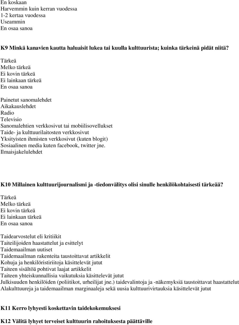 Sosiaalinen media kuten facebook, twitter jne. Ilmaisjakelulehdet K10 Millainen kulttuurijournalismi ja -tiedonvälitys olisi sinulle henkilökohtaisesti tärkeää?