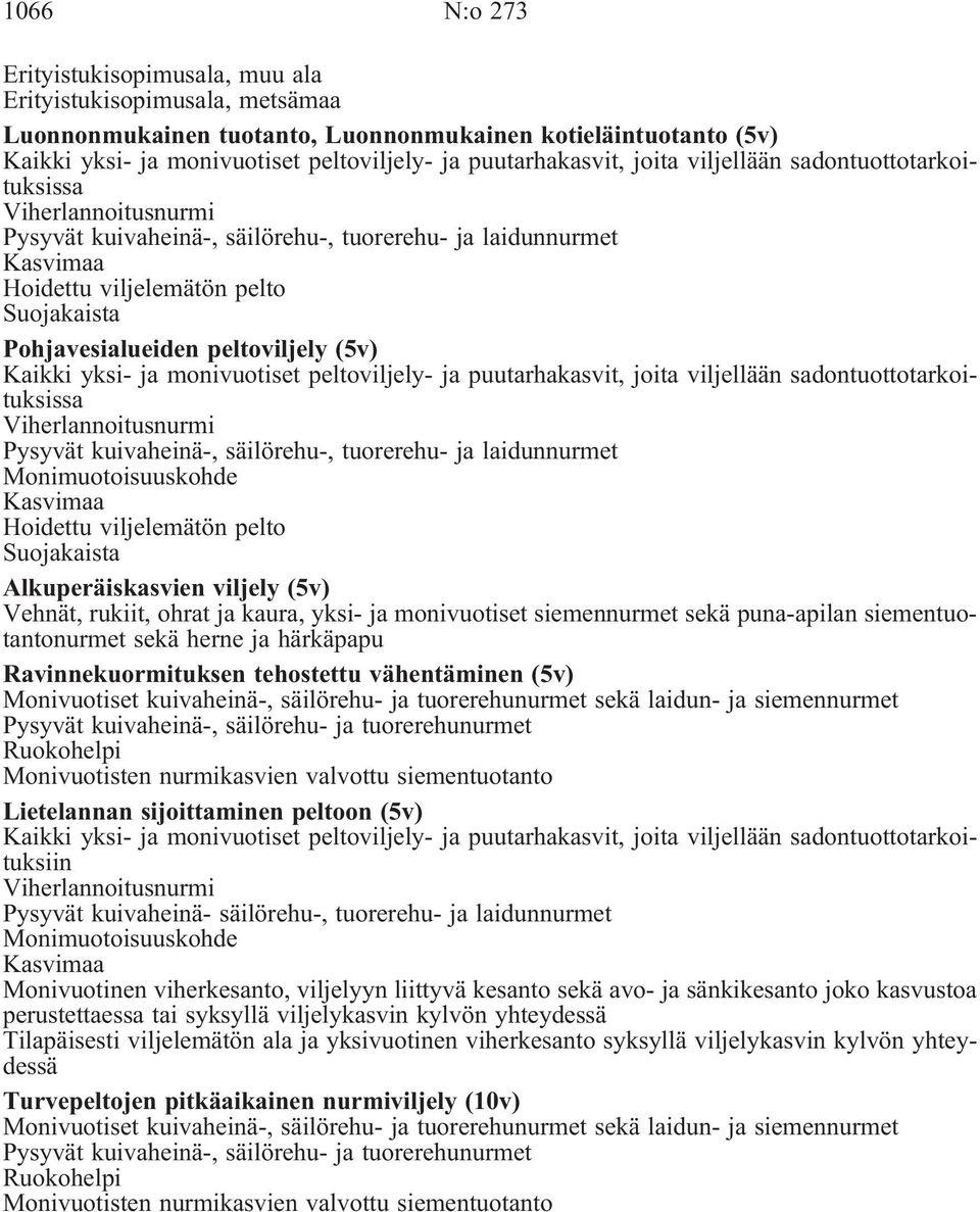 Pohjavesialueiden peltoviljely (5v) Kaikki yksi- ja monivuotiset peltoviljely- ja puutarhakasvit, joita viljellään sadontuottotarkoituksissa Viherlannoitusnurmi Pysyvät kuivaheinä-, säilörehu-,