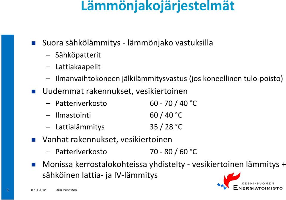 Patteriverkosto 60-70 / 40 C Ilmastointi 60 / 40 C Lattialämmitys 35 / 28 C Vanhat rakennukset, vesikiertoinen