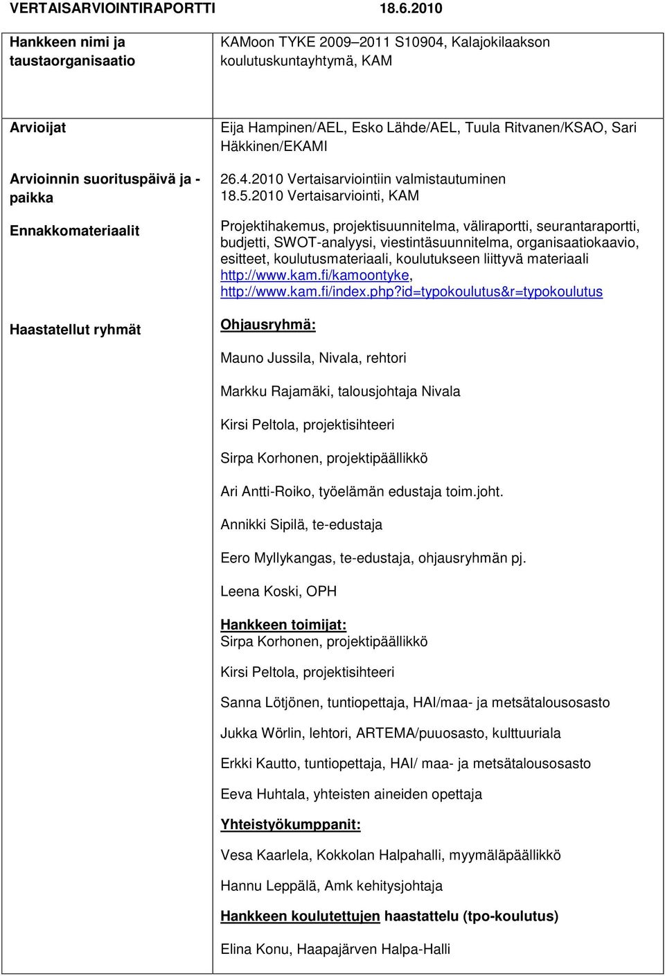 Eija Hampinen/AEL, Esko Lähde/AEL, Tuula Ritvanen/KSAO, Sari Häkkinen/EKAMI 26.4.2010 Vertaisarviointiin valmistautuminen 18.5.