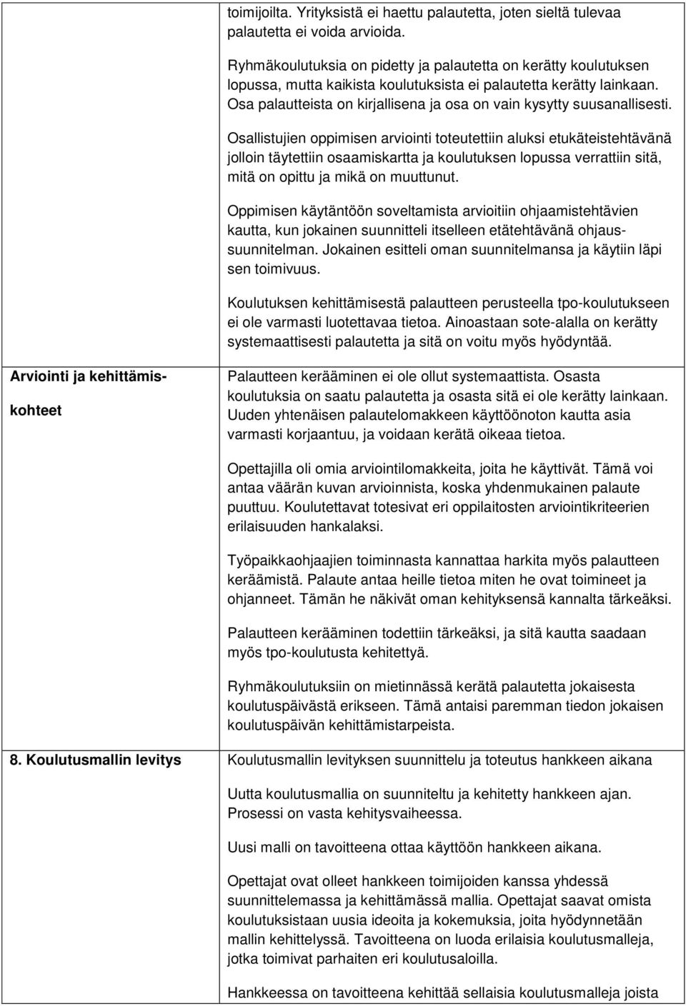 Osa palautteista on kirjallisena ja osa on vain kysytty suusanallisesti.
