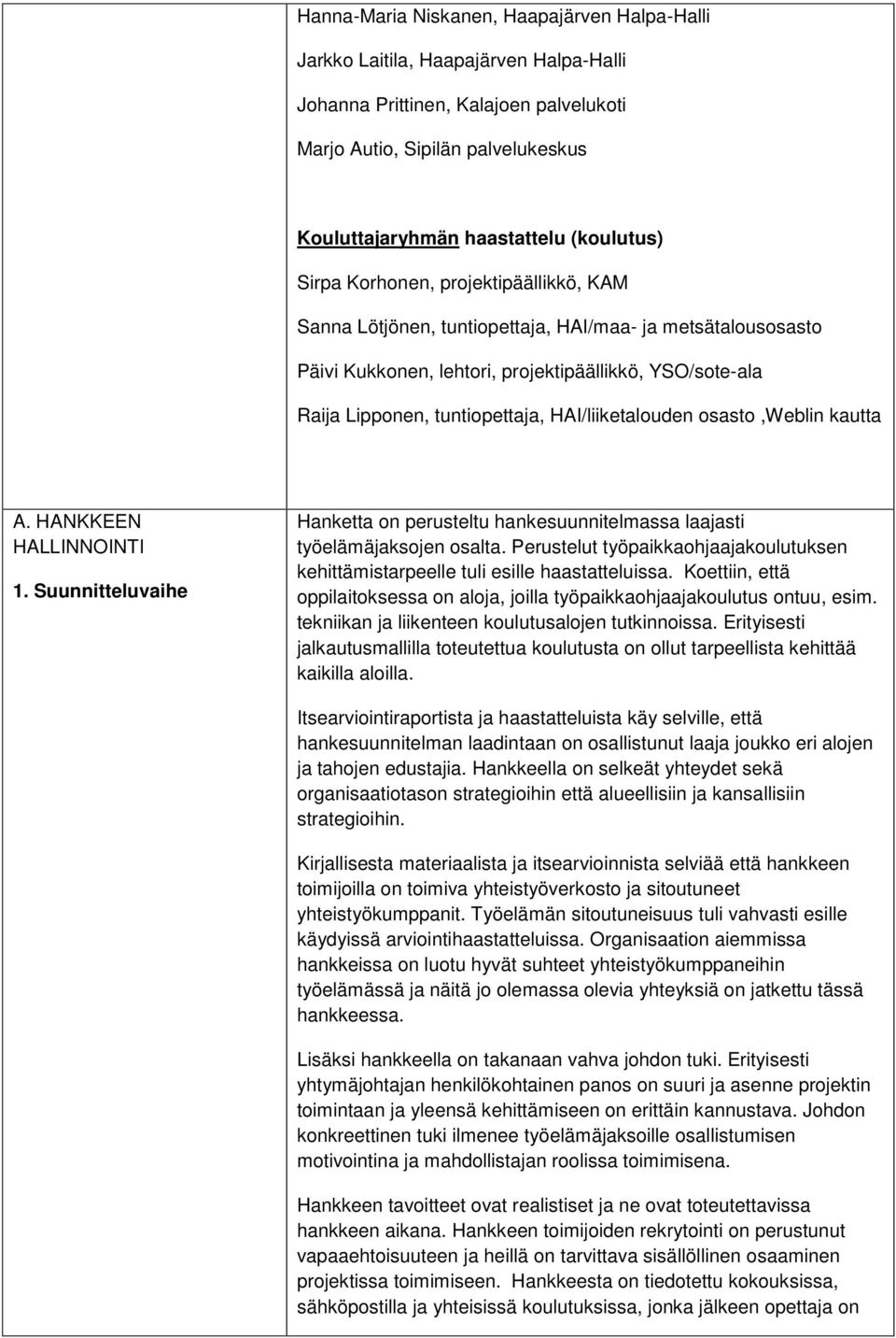 HAI/liiketalouden osasto,weblin kautta A. HANKKEEN HALLINNOINTI 1. Suunnitteluvaihe Hanketta on perusteltu hankesuunnitelmassa laajasti työelämäjaksojen osalta.