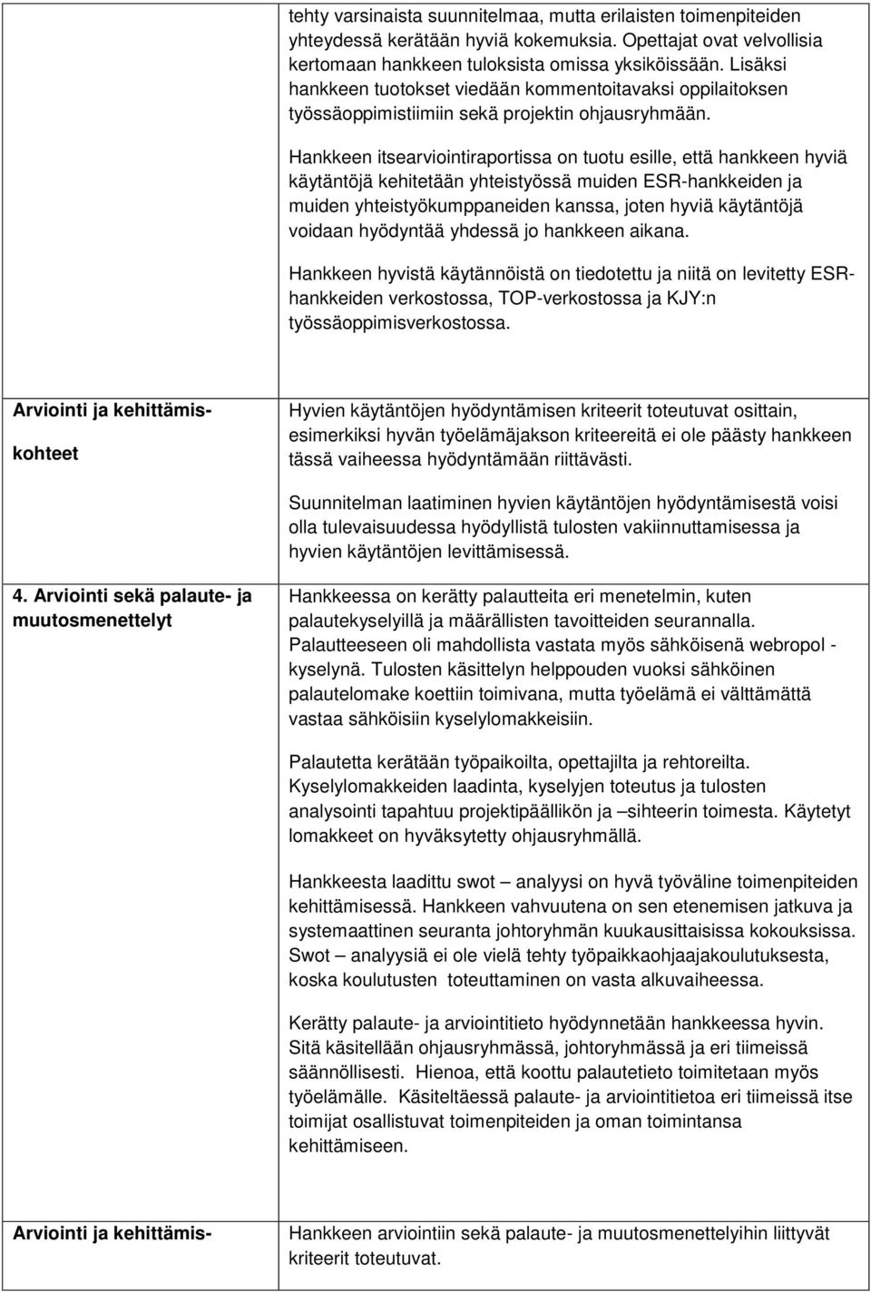 Hankkeen itsearviointiraportissa on tuotu esille, että hankkeen hyviä käytäntöjä kehitetään yhteistyössä muiden ESR-hankkeiden ja muiden yhteistyökumppaneiden kanssa, joten hyviä käytäntöjä voidaan