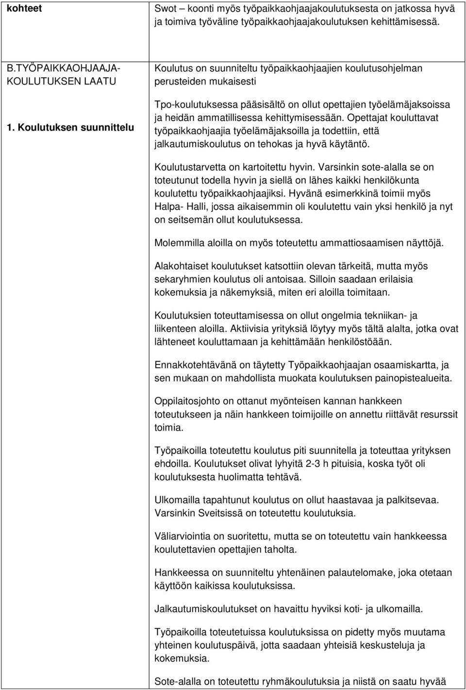 kehittymisessään. Opettajat kouluttavat työpaikkaohjaajia työelämäjaksoilla ja todettiin, että jalkautumiskoulutus on tehokas ja hyvä käytäntö. Koulutustarvetta on kartoitettu hyvin.