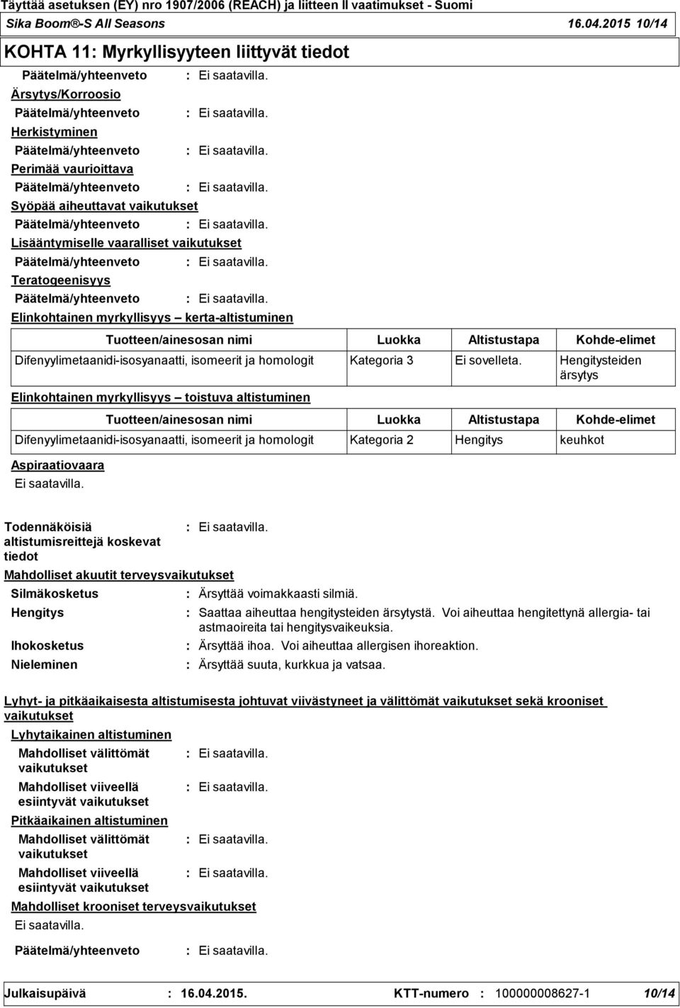 Elinkohtainen myrkyllisyys kerta-altistuminen Elinkohtainen myrkyllisyys toistuva altistuminen Aspiraatiovaara Tuotteen/ainesosan nimi Tuotteen/ainesosan nimi Luokka Luokka Altistustapa Kohde-elimet