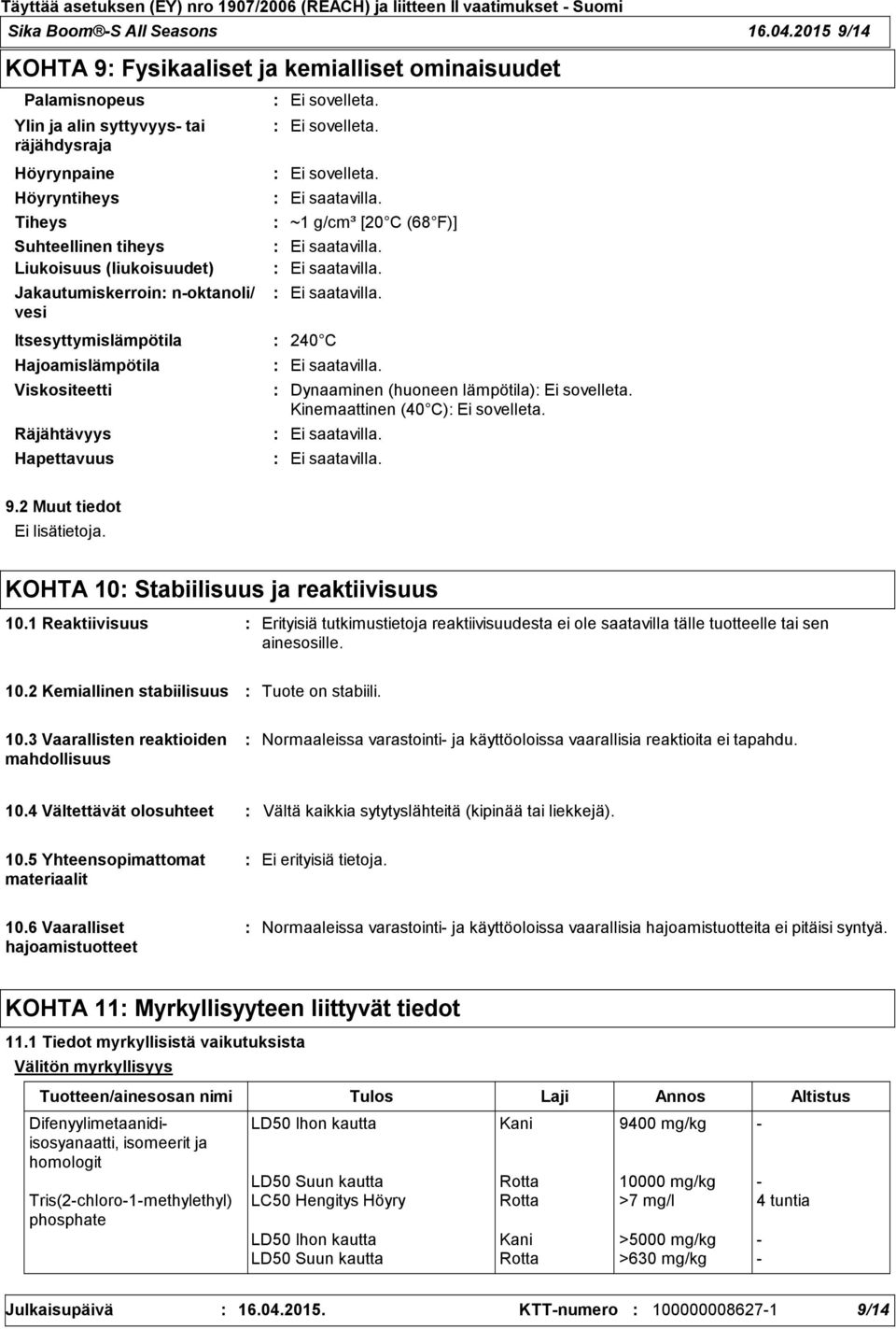 Jakautumiskerroin n-oktanoli/ vesi Ei sovelleta. Ei sovelleta. Itsesyttymislämpötila 240 C Hajoamislämpötila Viskositeetti Räjähtävyys Hapettavuus Ei sovelleta.