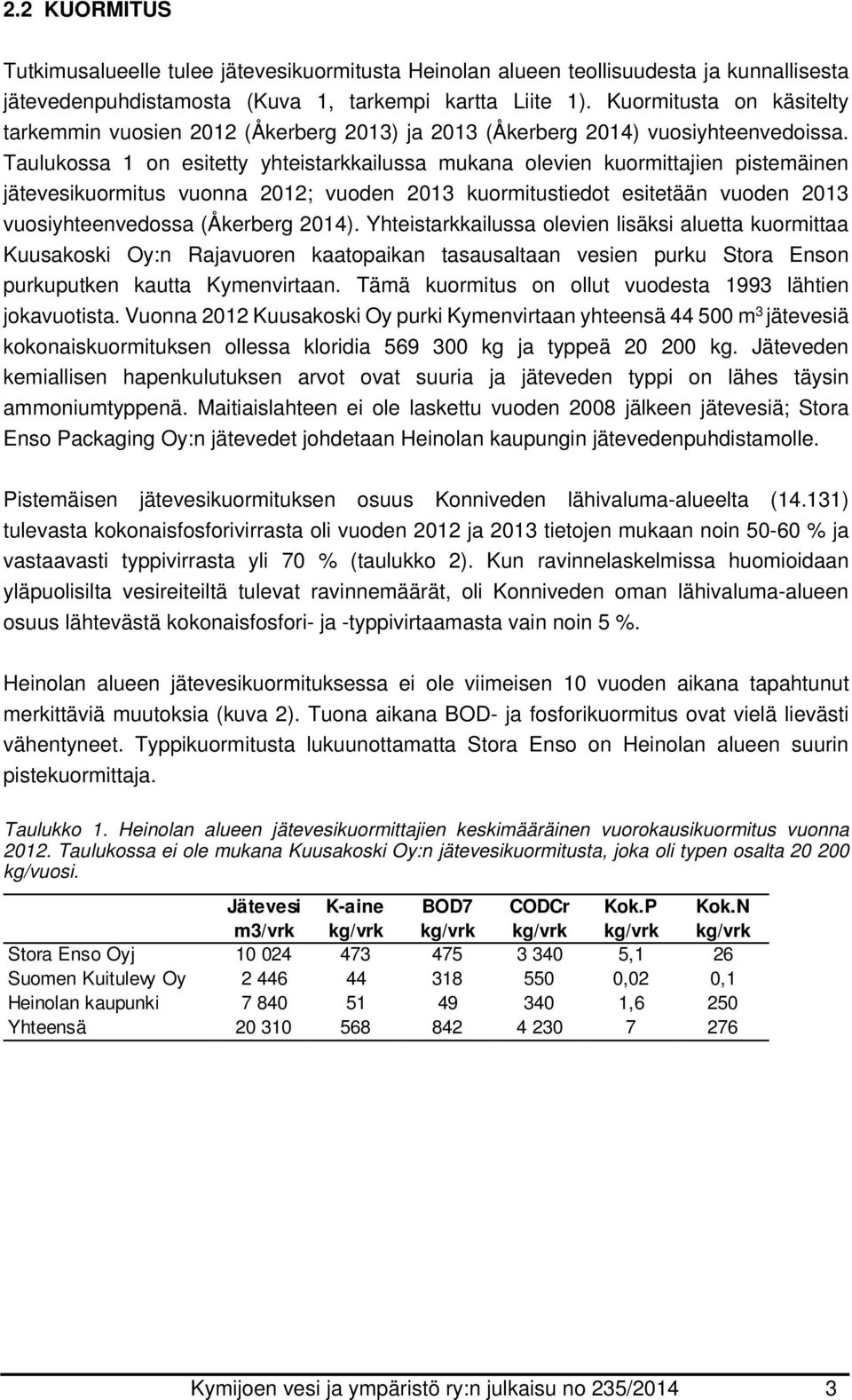 Taulukossa on esitetty yhteistarkkailussa mukana olevien kuormittajien pistemäinen jätevesikuormitus vuonna 22; vuoden 2 kuormitustiedot esitetään vuoden 2 vuosiyhteenvedossa (Åkerberg 2).