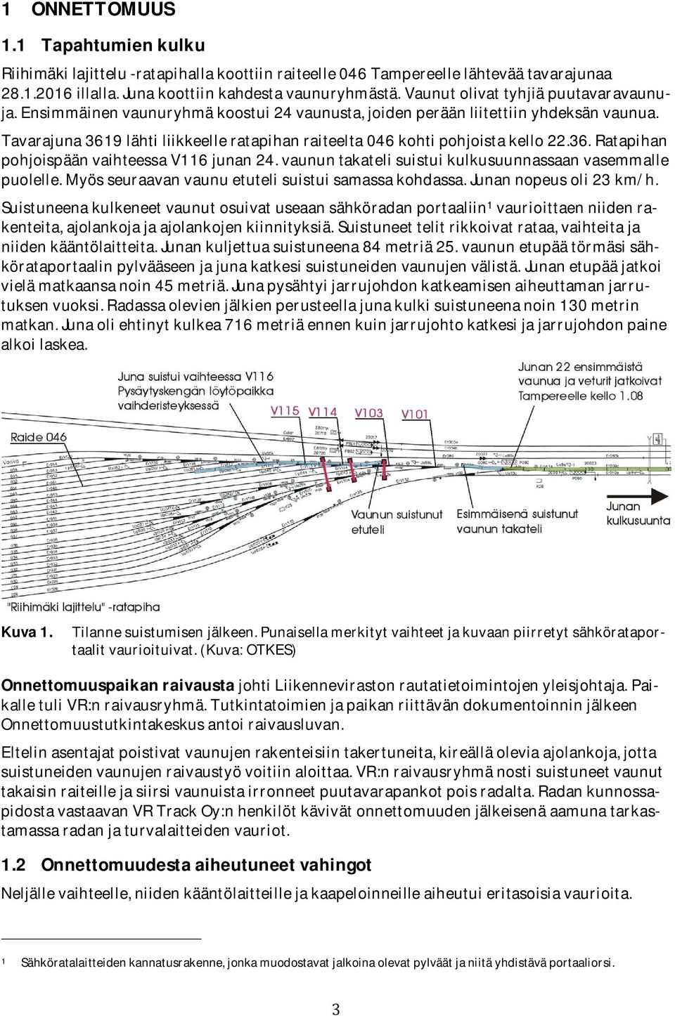 Tavarajuna 3619 lähti liikkeelle ratapihan raiteelta 046 kohti pohjoista kello 22.36. Ratapihan pohjoispään vaihteessa V116 junan 24. vaunun takateli suistui kulkusuunnassaan vasemmalle puolelle.