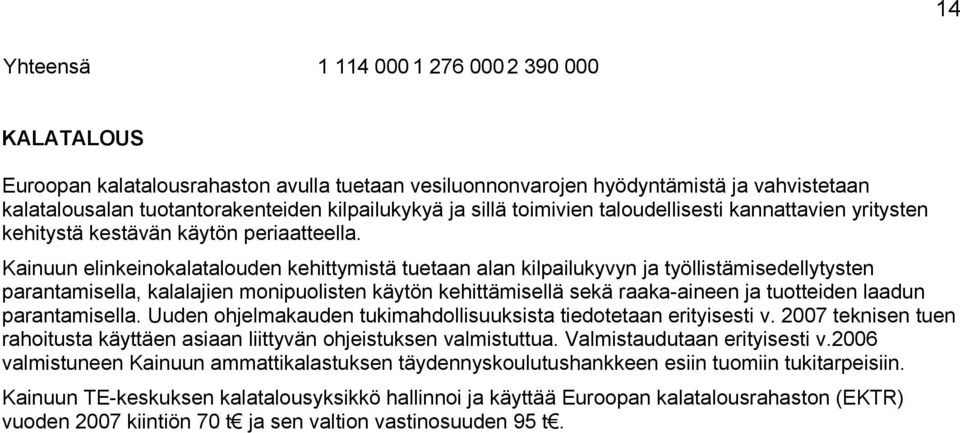 Kainuun elinkeinokalatalouden kehittymistä tuetaan alan kilpailukyvyn ja työllistämisedellytysten parantamisella, kalalajien monipuolisten käytön kehittämisellä sekä raaka-aineen ja tuotteiden laadun