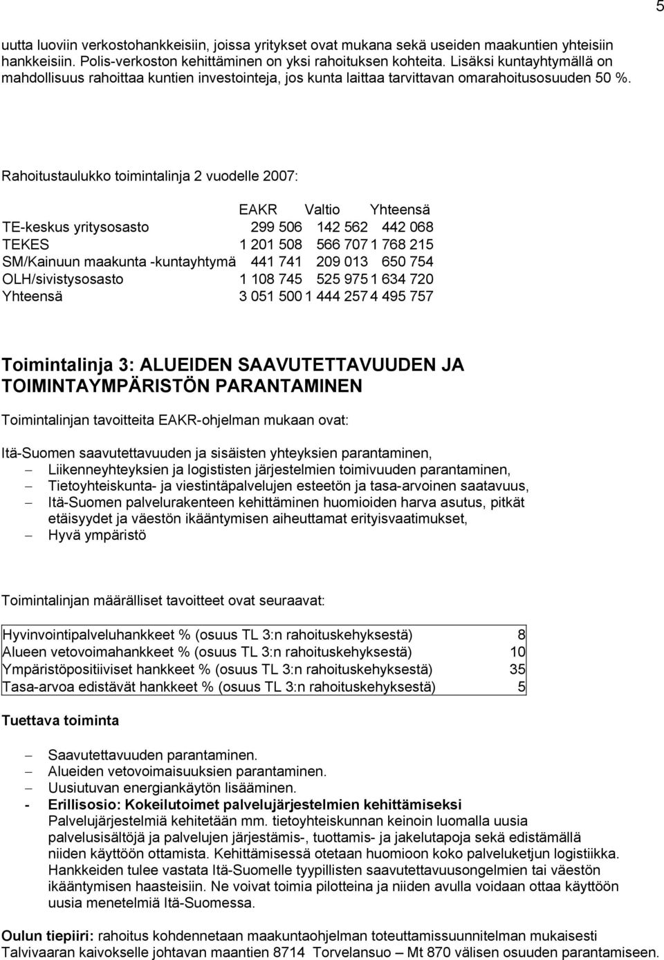 Rahoitustaulukko toimintalinja 2 vuodelle 2007: EAKR Valtio Yhteensä TE-keskus yritysosasto 299 506 142 562 442 068 TEKES 1 201 508 566 707 1 768 215 SM/Kainuun maakunta -kuntayhtymä 441 741 209 013