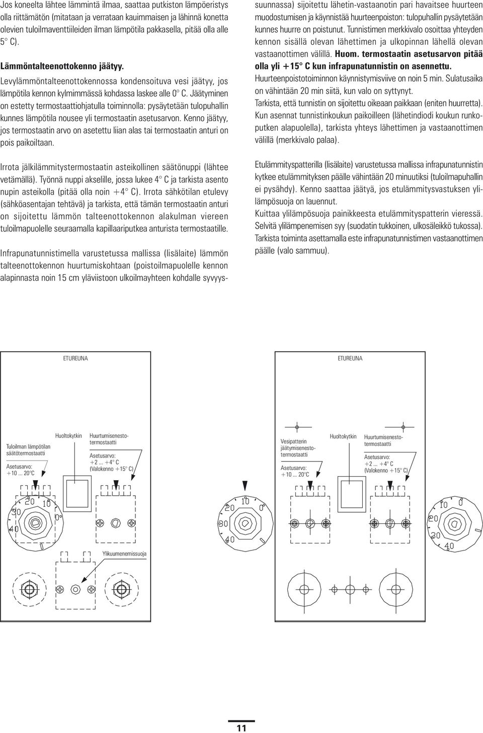 Jäätyminen on estetty termostaattiohjatulla toiminnolla: pysäytetään tulopuhallin kunnes lämpötila nousee yli termostaatin asetusarvon.