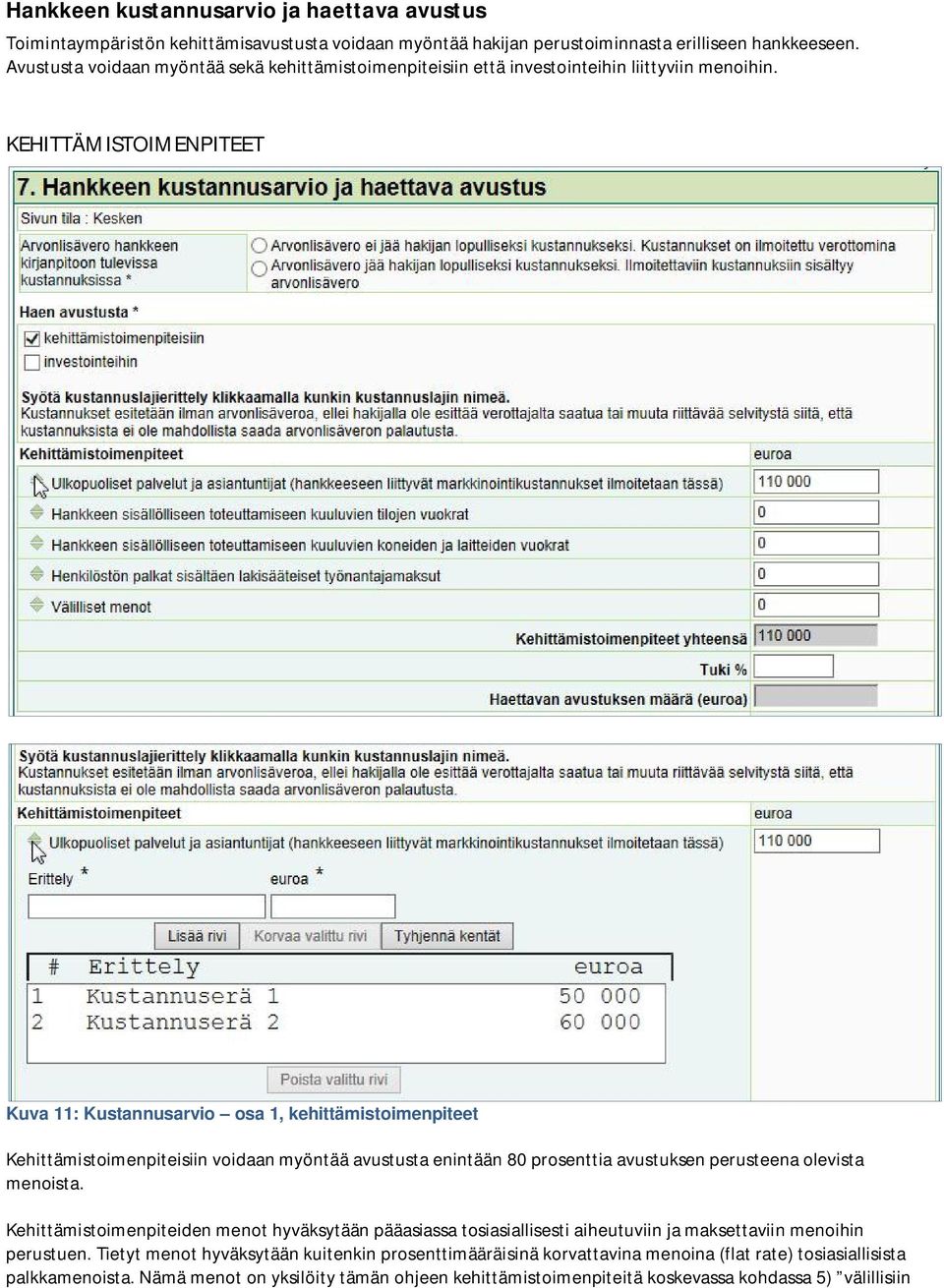 KEHITTÄMISTOIMENPITEET Kuva 11: Kustannusarvio osa 1, kehittämistoimenpiteet Kehittämistoimenpiteisiin voidaan myöntää avustusta enintään 80 prosenttia avustuksen perusteena olevista menoista.